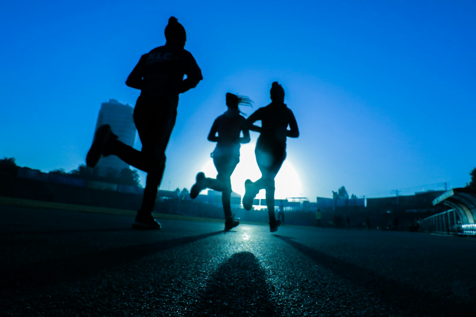 Three runners silhouetted against a blue dawn sky